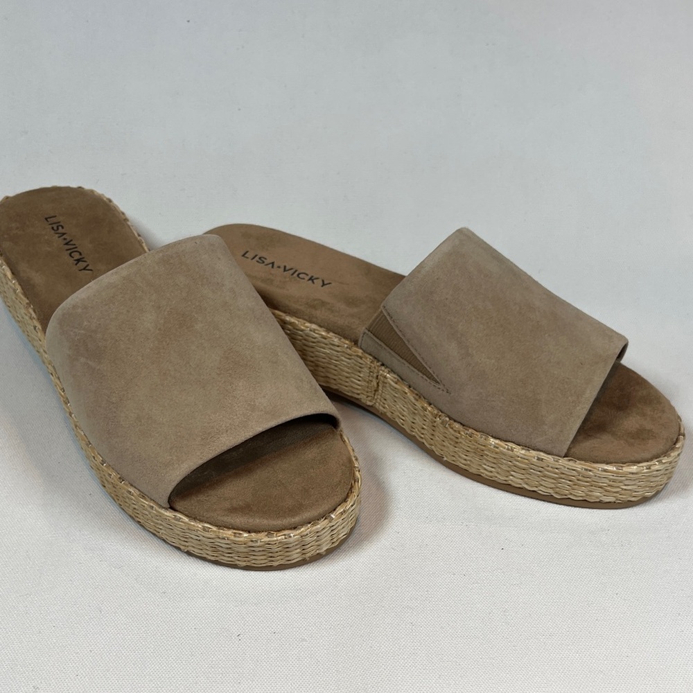 Lisa Vicky Smile Platform Slide Sandals Womens 6M Tan Camel Kid Suede Espadrille